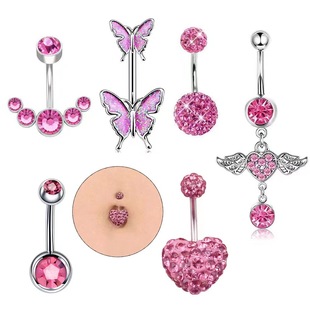 Cross-border e-commerce explosions pink belly button ring stainless steel inlaid zircon Angel belly button nail full Diamond Love belly button