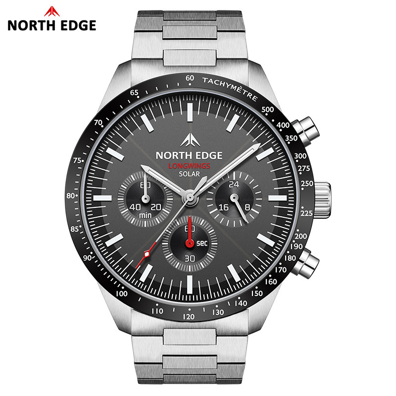 Foreign order wholesale NORTH EDGE new LONGWINGS solar rechargeable stainless steel strap smart watch