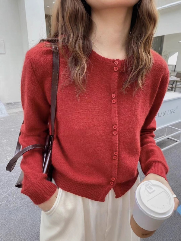 软糯亲肤~100%全羊毛开衫女红色外套针织衫毛衣2025秋冬新款上衣|undefined