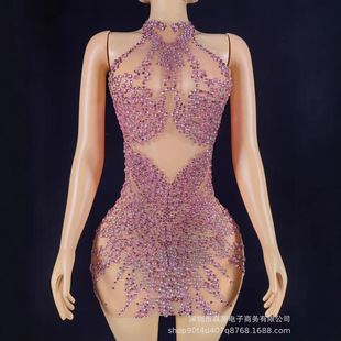New Sparkling Rose Red Rhinestone Sexy Halterneck Hip Skirt Nightclub Disco Stage Outfit Electronic Music Singer Performance Costume