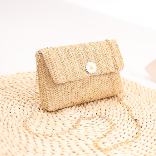 New Pearl Accented Grass Weave Shoulder Bag for Ladies with Daisy Decoration