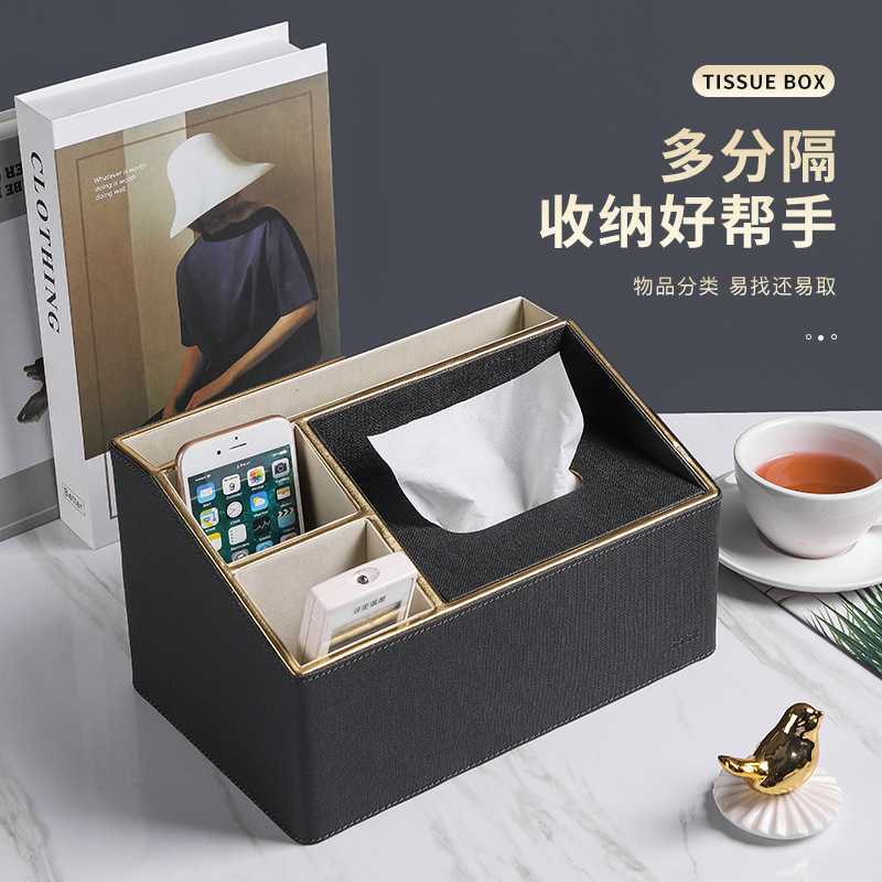 Caja de pañuelos comercial hogar Luz de lujo nórdico multifunción mesa de café control remoto Hotel caja de pañuelos de cuero impreso LOGO