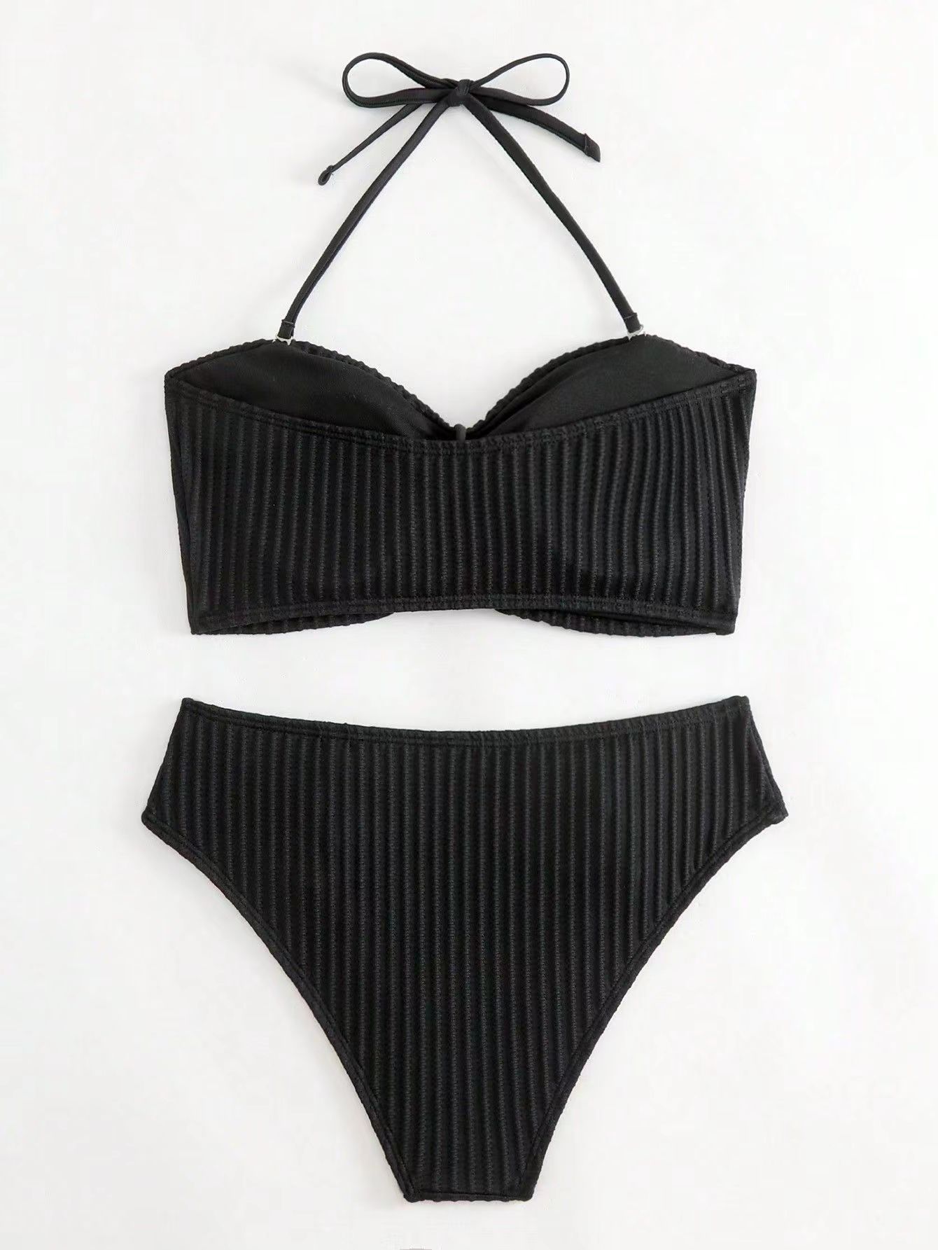 245g Weight Mid Waist Panties Waist Briefs Panties Style Halter Placket Type Bra&Panty Set Bra Category Nylon, Polyester Fabric Type 2 Pieces Set Quantity Swimming Pool, Beach Occasion Stripe, Solid Color Pattern Full Coverage Bra Cup Women's Gender Women's Stripe Solid Color 2 Pieces Set Bikinis Swimwear 7