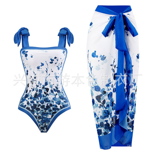 Women's European and American one-piece swimsuit with multi-color prints, chiffon dress, high-end feel, long dress, fashionable and simple