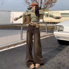 美拉德复古棕色阔腿牛仔裤女高腰宽松直筒设计感百搭显瘦拖地裤子