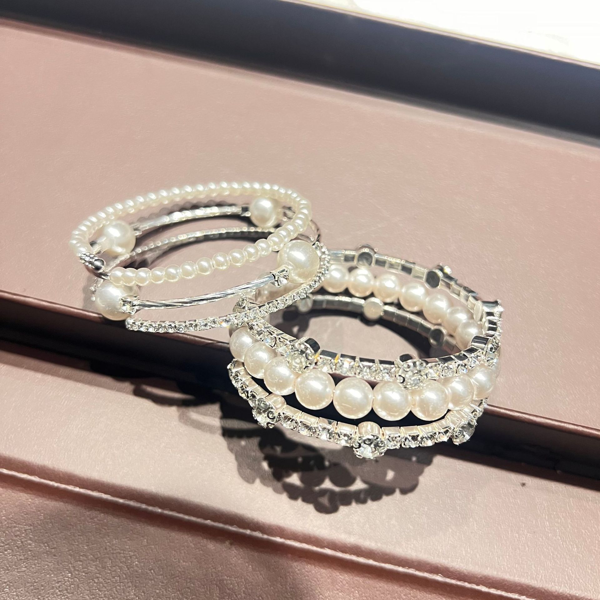 Cross-Border Hot-Selling Jewelry Pearl Full Diamond Elastic Bracelet Large Rhinestone Bracelet Wedding Jewelry Wide Opening Bracelet
