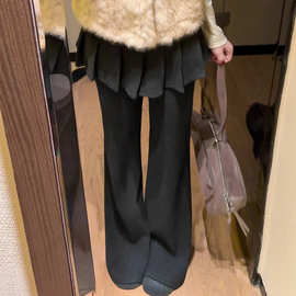 设计感小众韩系叠穿假两件休闲微喇百褶屁帘裙裤加绒加厚长裤女