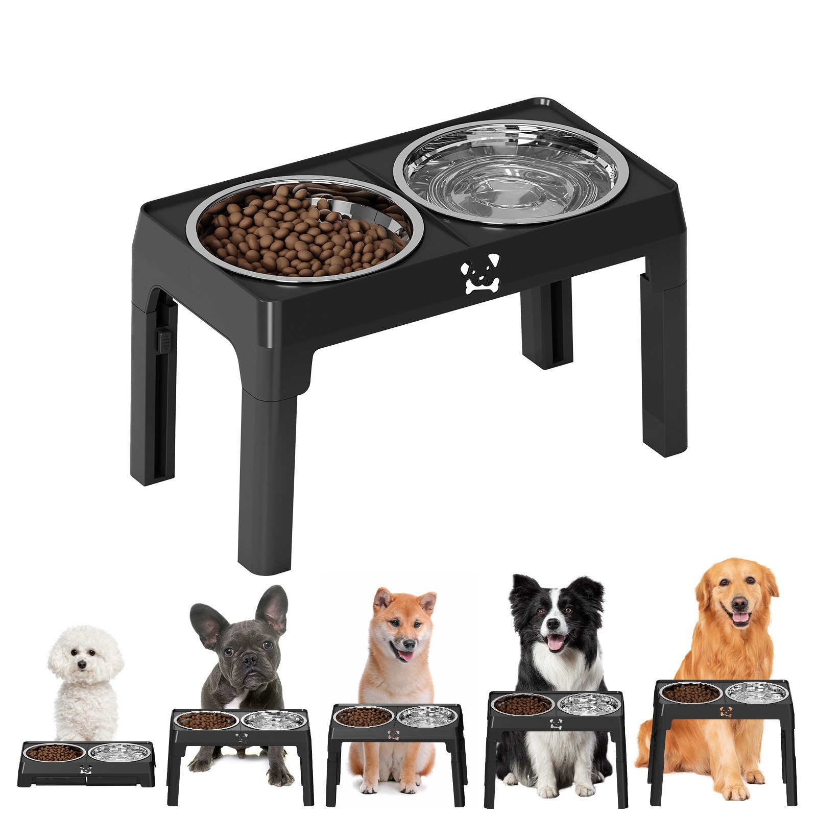 Tazón de acero inoxidable para perros, doble tazón, pie alto anti-derribe para mascotas, soporte de tazón plegable, cuello ajustable, tazón de comida para gatos