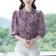 品牌真丝衬衫女夏新款立领气质桑蚕丝上衣设计咸时髦花卉中袖小衫