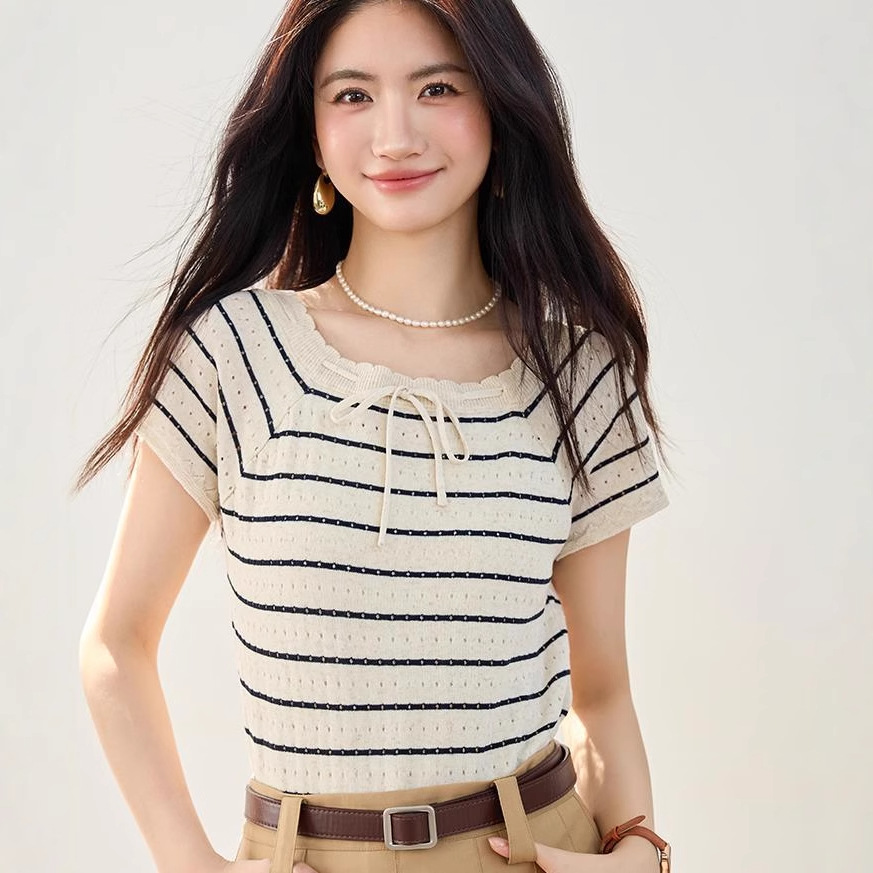森7266古力娜扎同款韩版镂空绑带条纹针织衫女夏新款宽松外搭上衣