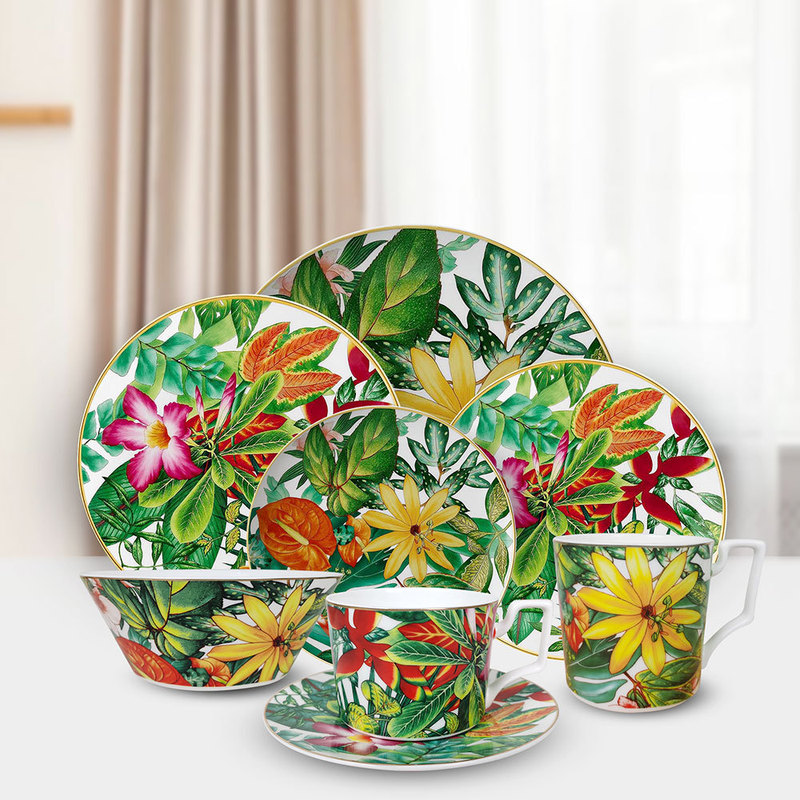 H Family Tropical Green Planting Plate Set Hotel Restaurant Household Bone China Fruit Dim Steak Plate Rice Bowl Water Cup