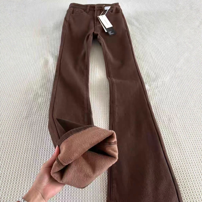 Autumn and Winter Thickened Women's Jeans with Fleece, High-Waisted Flared Pants, Women's Horse Hoof Coffee Brown Thick Pants