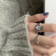 s925純銀戒指女復古泰銀重工小皇冠翅膀愛心鑲鑽做舊戒指個性韓版