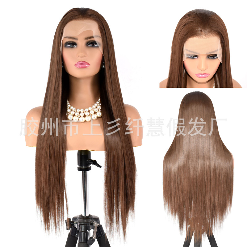 Wig front lace milk tea cold brown ladies long straight hair high temperature matte chemical fiber headgear photo cos factory wholesale Wig front lace milk tea cold brown ladies long straight hair high temperature matte chemical fiber headgear photo cos factory wholesale