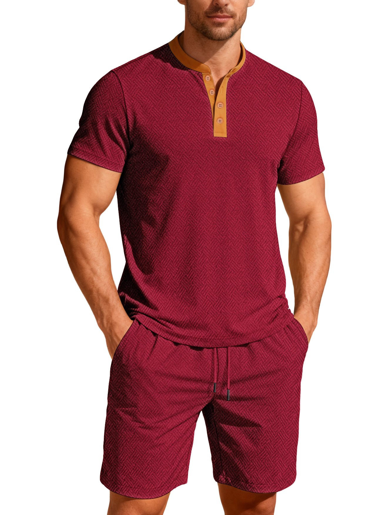 Nuevo comercio exterior transfronterizo de Europa y América verano hombre casual color redondo botón de cuello corto manga corta moda pantalones cortos hombre conjunto