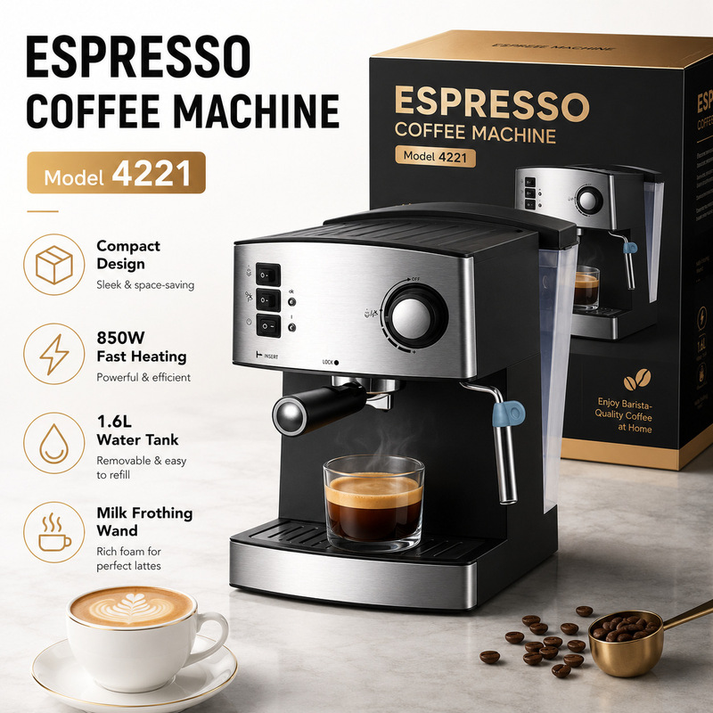 850W Cross-Border European Plug Steam Milk Foaming Extraction Oil Pump Pressure Espresso Machine Electric Coffee Machine