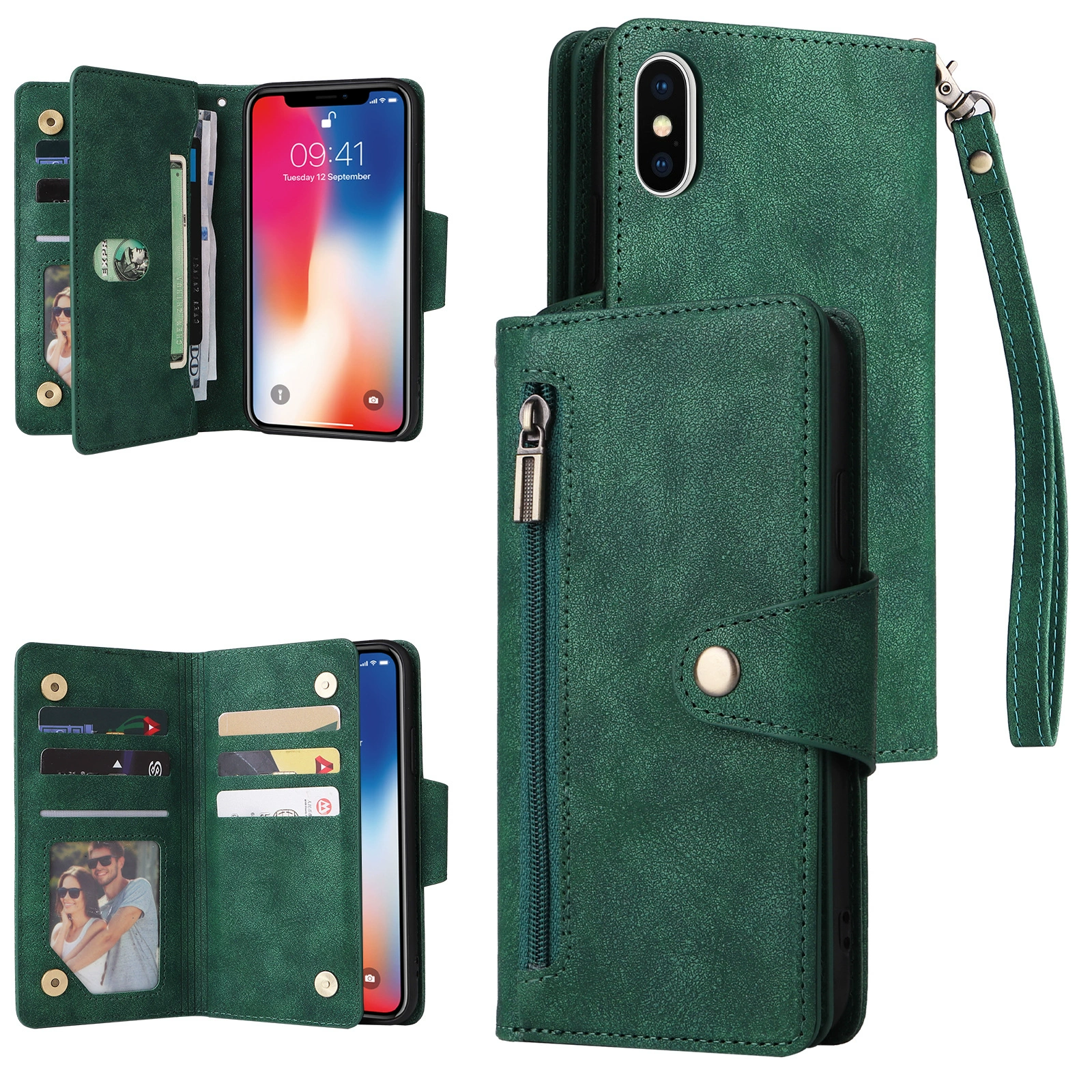 Подходит для iPhone X, кожаный чехол-книжка с заклёпкой, молнией и отделением для карт, для iPhone Xs Max