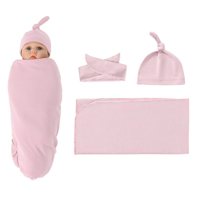 Directly Supplied from the Manufacturer for Foreign Trade to Europe and America, Newborn Swaddle Wrap, Elastic Baby Blanket, Hat, and Headband Three-Piece Set