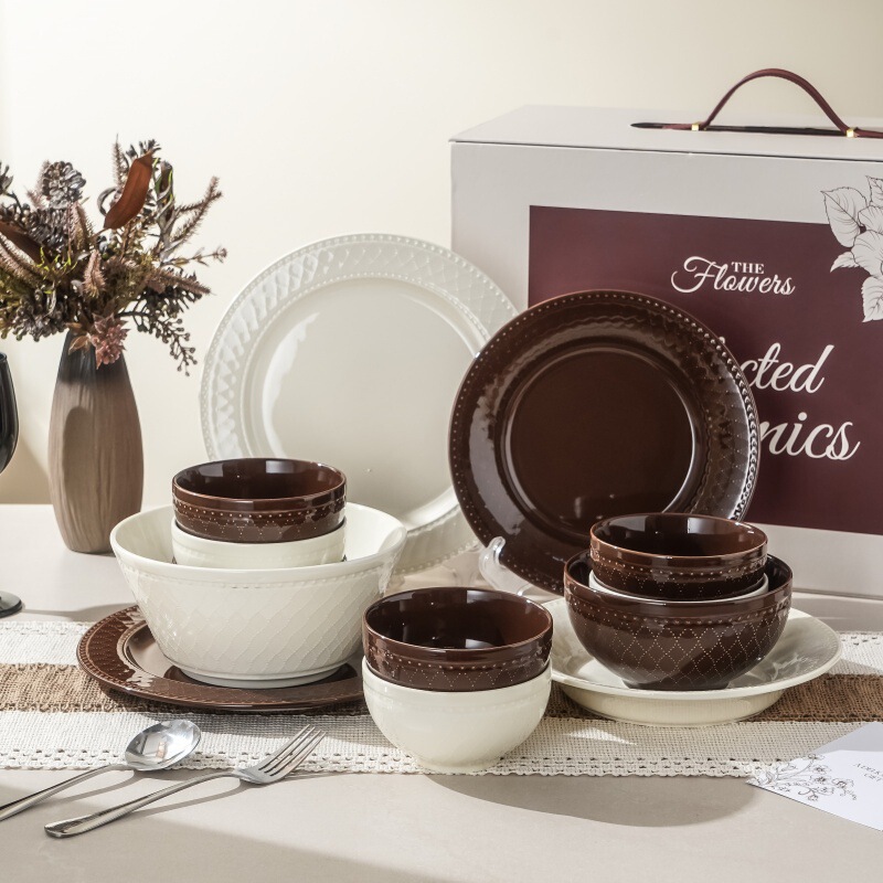 Light Luxury Medieval Relief Tableware Set, High Temperature Underglaze Color Ceramic Dishes Combination, Exquisite Plates as a Housewarming Gift