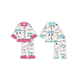 亚马逊外贸专供儿童翻领睡衣复活节兔子眼睛彩虹印花男孩女孩套装