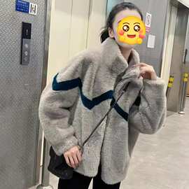 跨境冬季女新款皮毛一体皮草外套立领兔毛大衣羊羔毛短款加绒加厚
