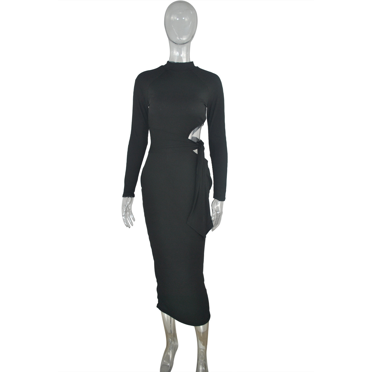 Solid Color Long Sleeve High Waist Hollow Tight-Fitting Mid-Length Dress