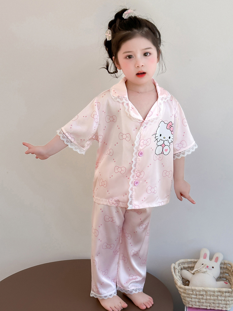 Pijamas para niñas 2025 nuevo estilo de verano para niños, traje de encaje de manga corta de seda de hielo, ropa de casa para bebés lindos de dibujos animados