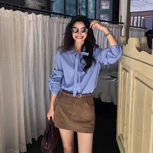 pusumed 转角街头 蓝色蝴蝶结绑带条纹衬衫女长袖衬衣气质上衣