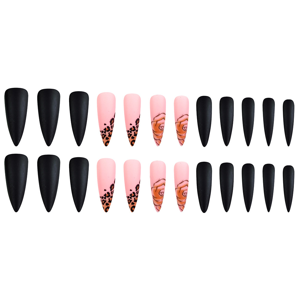 Comercio extranjero polvo negro esmerilado color contraste usar uñas de leopardo rosa manicure francesa 24 piezas de uñas falsas de estilo europeo y americano image 6