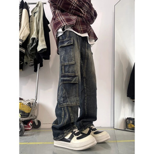 Men's Trendy Pocket Cargo Jeans, Spring and Autumn Loose Straight High Street American Retro Stylish Long Pants