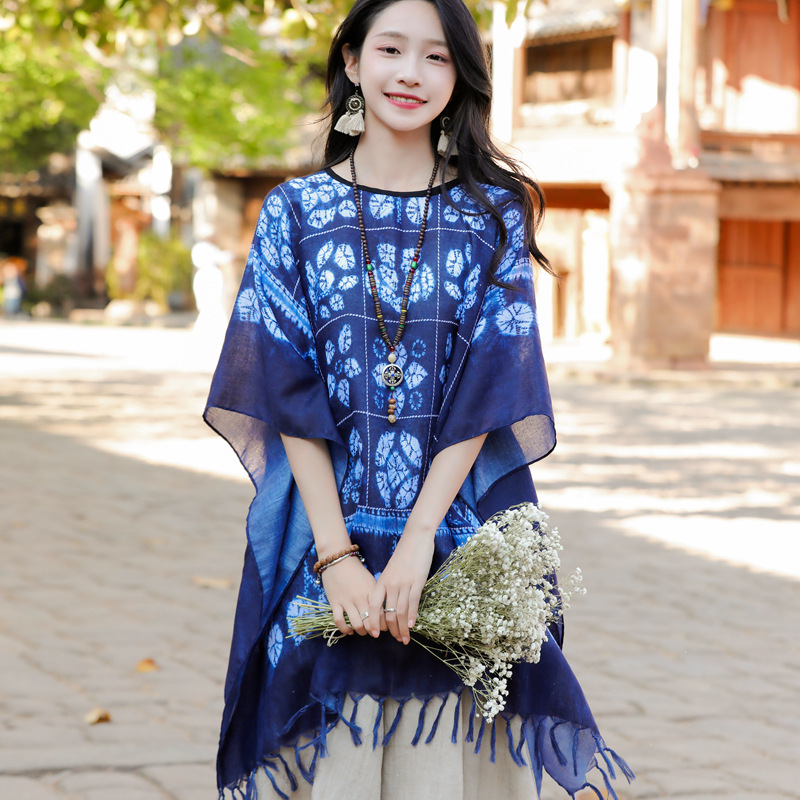 2023 estilo étnico azul teñido artístico todo-fósforo bufanda viaje protector solar capa algodón y lino sensación bufanda grande suéter chal