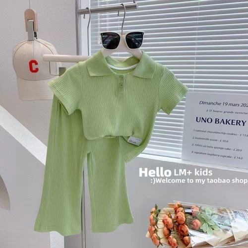 Internet celebrity must-have children's clothing 2024 summer style girls Korean style casual fashion short-sleeved tops nine-quarter pants two-piece suit trendy