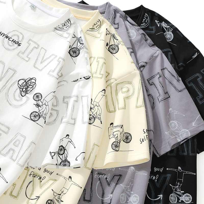 New Summer Men's Trendy Loose-Fitting Fashion Brand Student Short-Sleeve T-Shirt Jacquard Top with Round Neck and Half-Sleeve