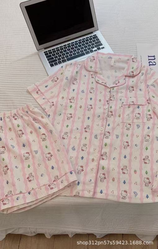 云朵棉短袖睡衣女夏季简约桃心印花夏天可外穿家居服套装跨境批发|undefined