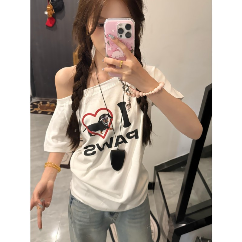 Sweet Hot Girl 斜め肩ワンラインカラー半袖 T シャツ女性用夏の愛の子犬プリントデザインルーズ痩身トップ|undefined