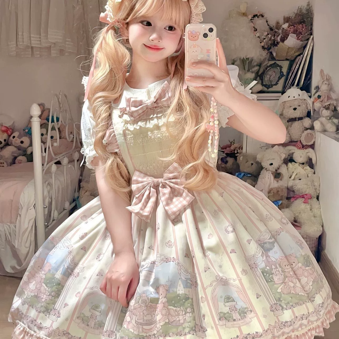 Платье Lolita JSK, кремовое, милый кукольный стиль, банты и мишьи ушки (S–L)