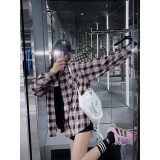 烫钻黑粉格子衬衫外套女2026夏季韩版宽松慵懒风衬衣晒长袖上衣