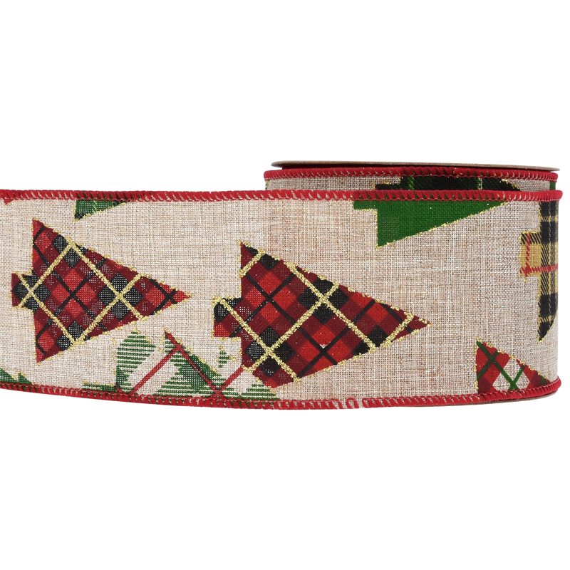 63mm Amazon transfronterizo nuevo borde de impresión de cinta de lino de Navidad decoración de árbol de Navidad cinta de tela imitación de lino 5y10y