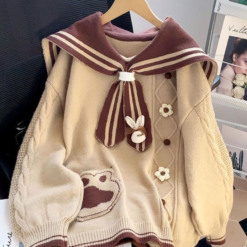 海军领学院风森系毛衣套头女复古秋冬新款宽松慵懒风外穿针织外套