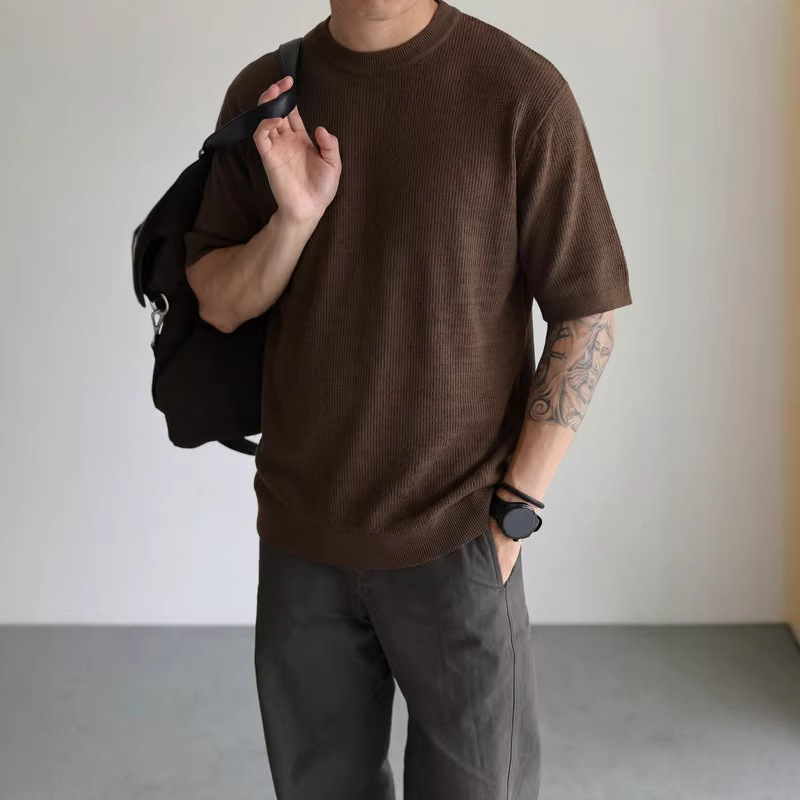 天丝亚麻凹凸纹理肌理感t恤夏季男士商务休闲百搭针织衫短袖上衣