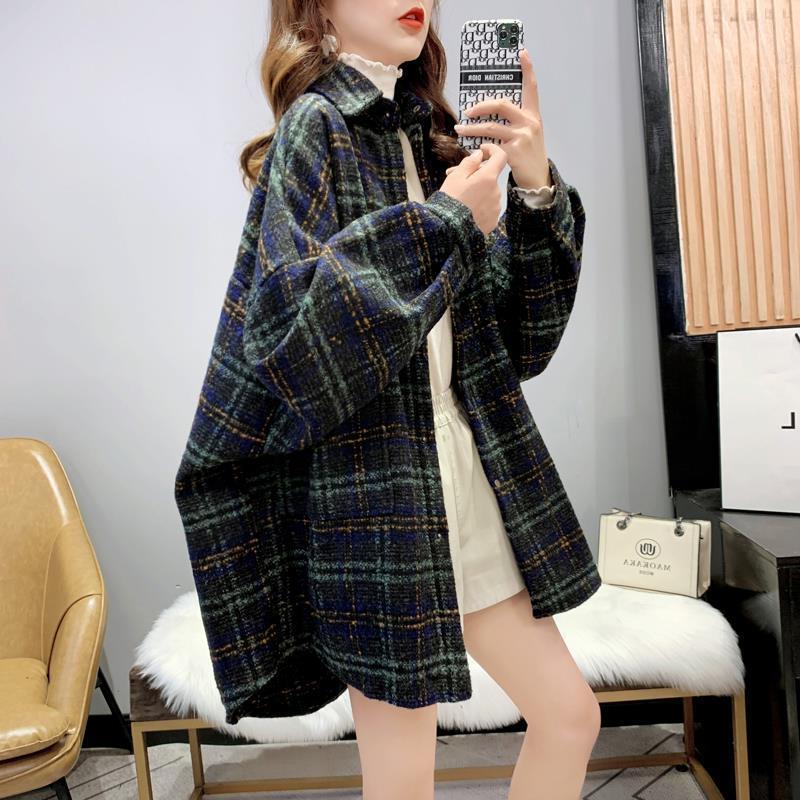 (2개) 빈티지 홍콩 스타일 INS 유행 가을 및 겨울 새로운 두꺼운 샌딩 느슨한 모직 재킷 여성의 긴 소매 체크 무늬 봉제 셔츠 T