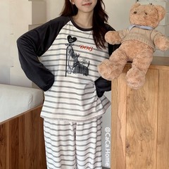 1106薄绒撞色条纹爱心睡衣套装女秋冬毛绒宽松保暖好看家居服可爱