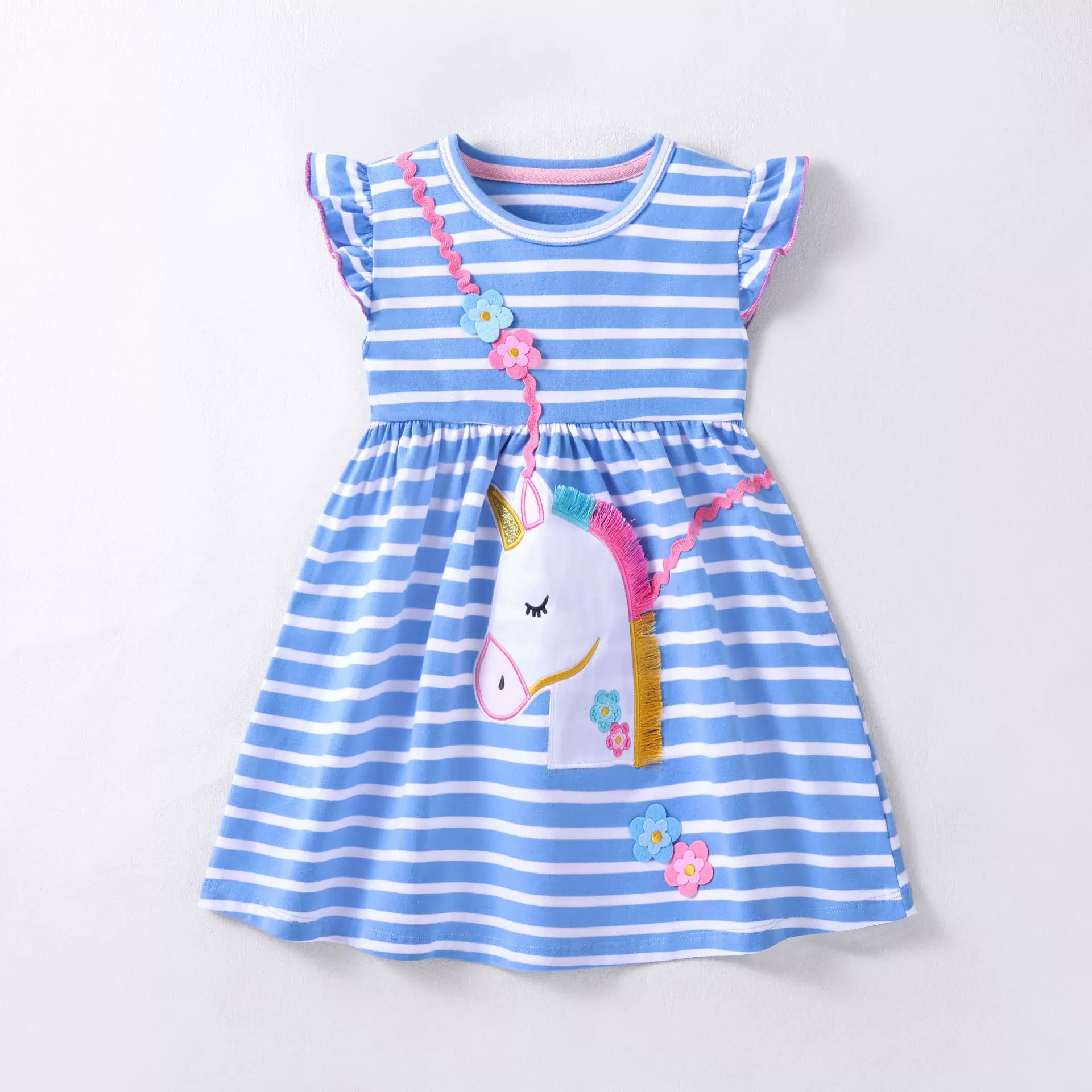 女童无袖连衣裙儿童独角兽裙子夏季欧美中小童条纹宝宝公主裙纯棉