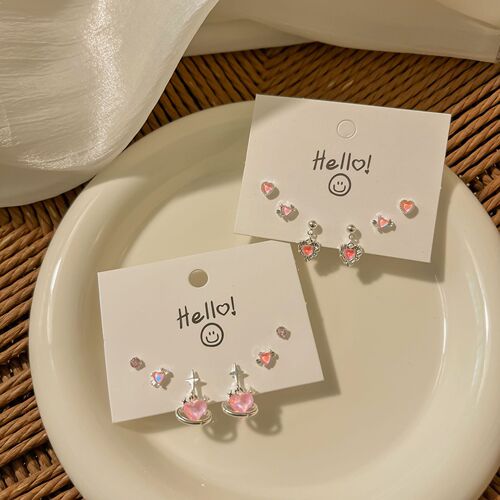 s925 silver needle pink rhinestone new earring set girl heart super flash ear bone nail student versatile earrings wholesale