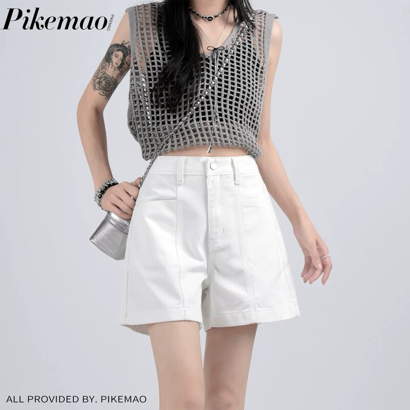 White High-Waisted Denim Shorts for Women, 2026 Summer New Style, Loose Fit, Slimming A-Line, Four-Quarter Length, Wide-Leg Hot Pants White High-Waisted Denim Shorts for Women, 2026 Summer New Style, Loose Fit, Slimming A-Line, Four-Quarter Length, Wide-Leg Hot Pants