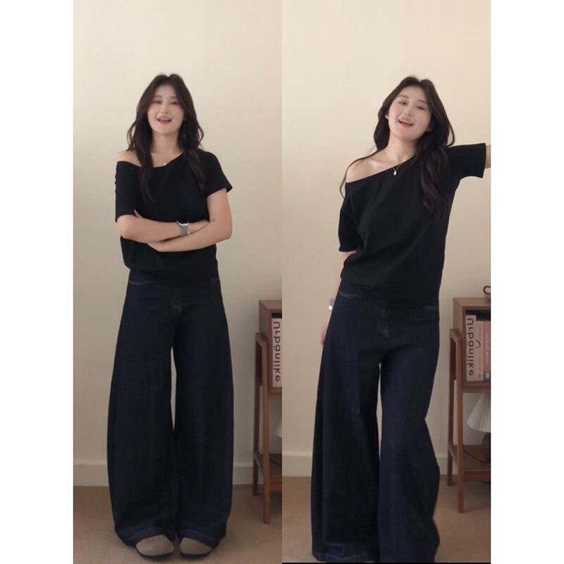 纯欲斜领露肩短袖T恤女夏2025新款宽松遮肉显瘦甜辣妹设计感上衣|undefined