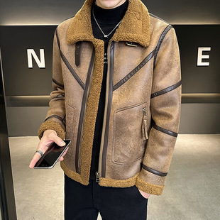 Fur Integrated Jacket Men's Autumn and Winter 2024 New Lamb Wool Lapel Thickeneded Classy Men's Motorcycle Leather Jacket