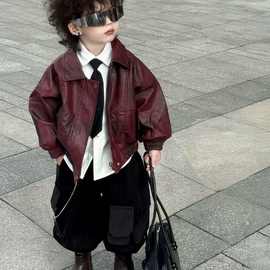 童装男童皮衣秋冬外套2025儿童新款洋气宝宝男孩夹克衬衫三件套棉