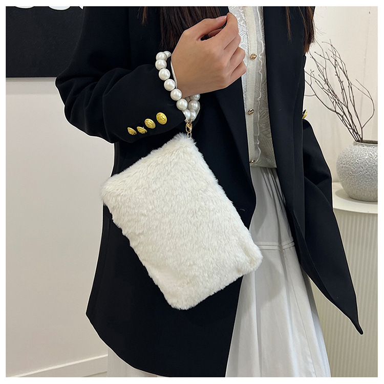 135g Weight Synthetic Leather Lining Material Pearls, Sewing Thread Fashion Element Zipper Closure Type Top Handle Strap Type Handbag Bags Type Casual, Shopping Occasion Plush Material Solid Color Pattern Winter Season Women's Gender Elegant Style Square Shape Women's Plush Solid Color Elegant Pearls Sewing Thread Square Zipper Handbag 6