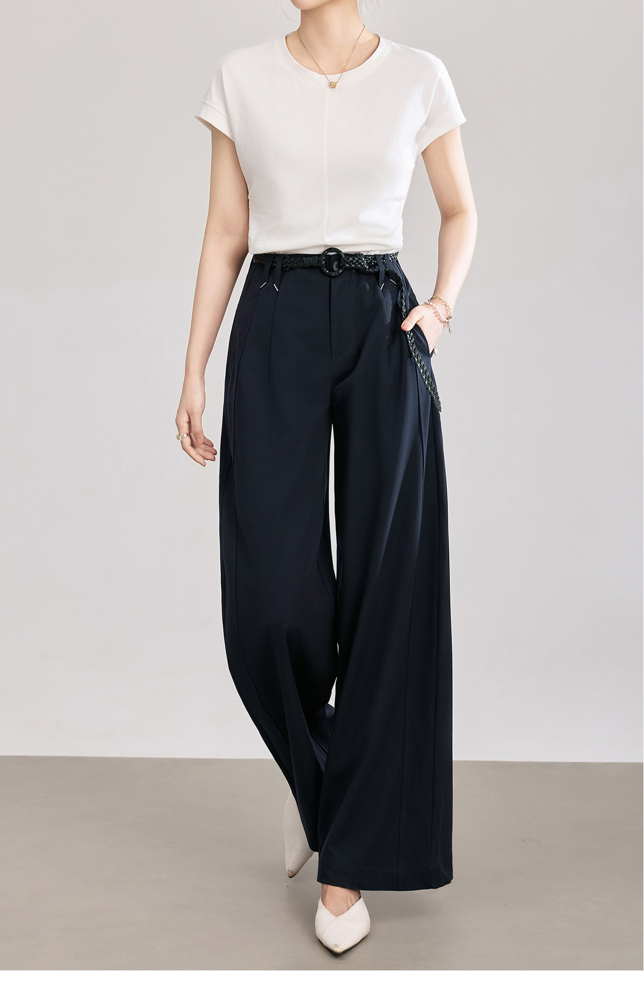 Quần culottes nữ ống rộng dáng suông chất len pha tơ nhân tạo cao cấp — Xanh lông mòng đen chi tiết 10